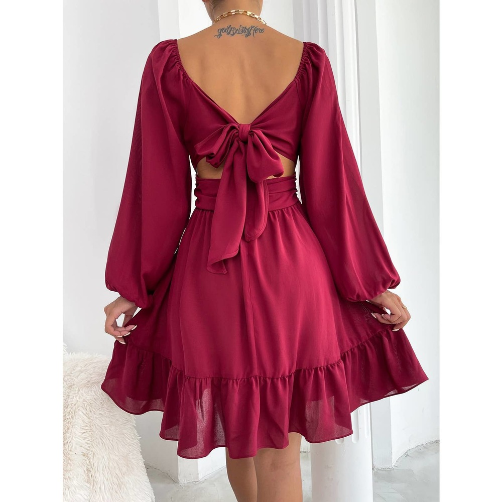 square neck long sleeve Knot Back Lantern Sleeve Ruffle Hem Dress black - Picture 3 of 11